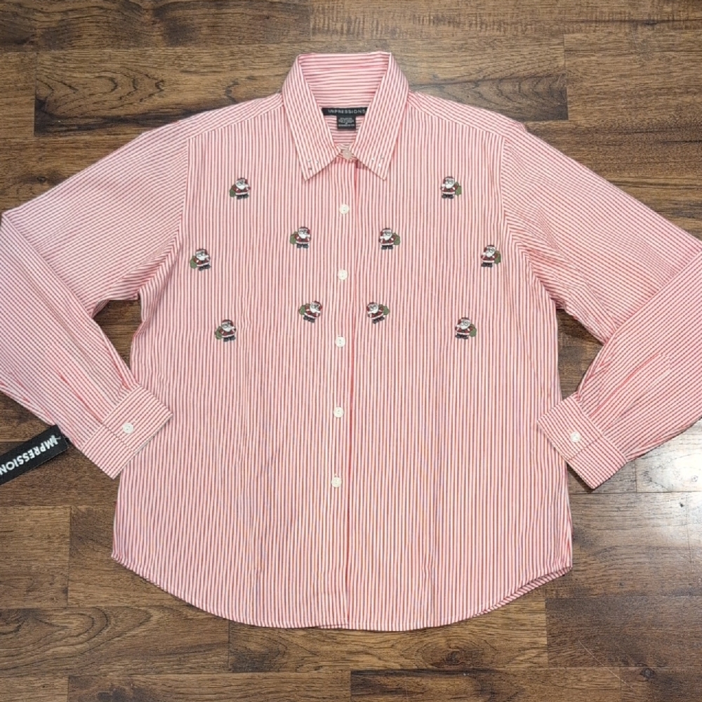 Women's Impressions red & white Santa button down shirt size 14